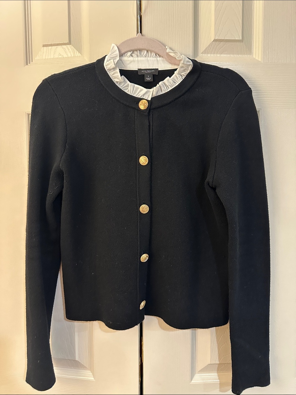 Ann Taylor Black Cardigan with Gold Buttons and White Ruffle Trim
